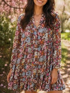 NWT FRNCH Brown Floral Tiered Dress Oversized Boho Prairie Long Sleeve Mini